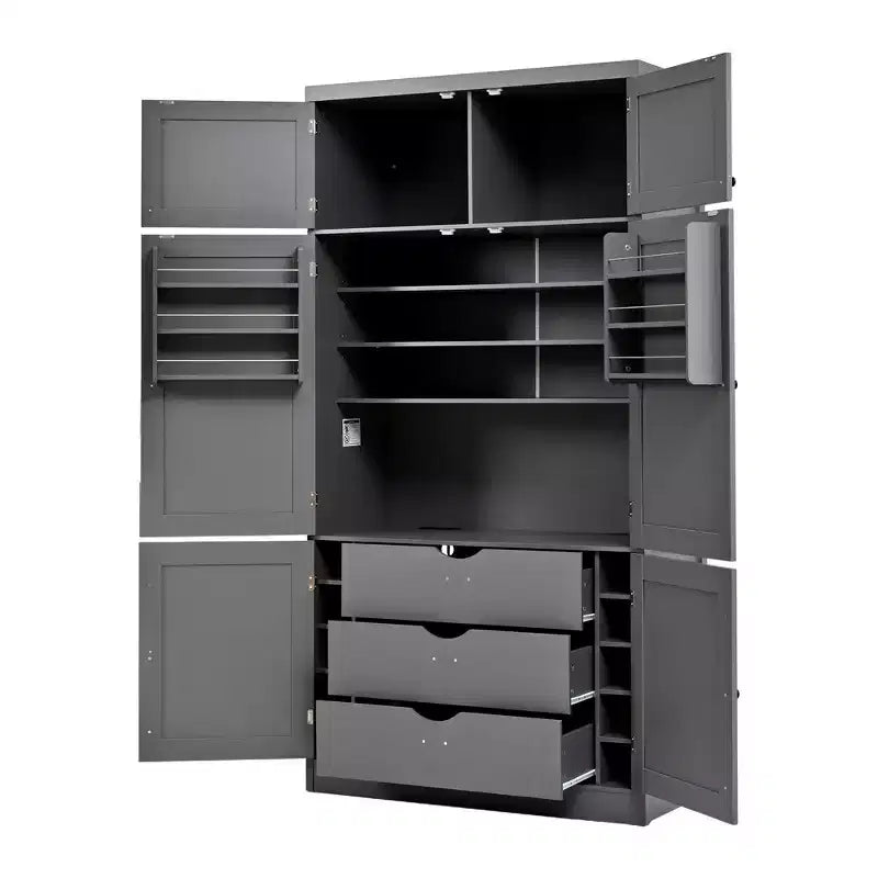 Mueble Despensa Alto de Cocina con Enchufes, Armario Grande Independiente con Soporte para Microondas, Cajones, Estantes, Botelleros y Estante en la Puerta