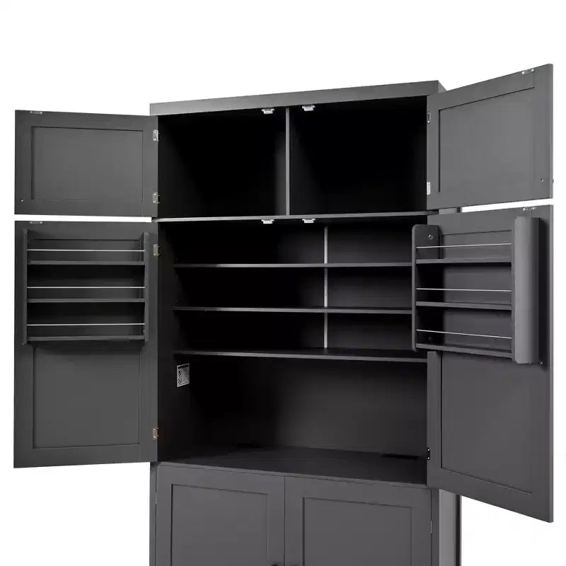 Mueble Despensa Alto de Cocina con Enchufes, Armario Grande Independiente con Soporte para Microondas, Cajones, Estantes, Botelleros y Estante en la Puerta