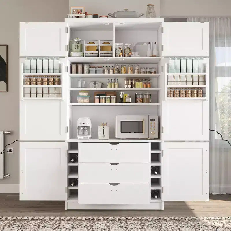 Mueble Despensa Alto de Cocina con Enchufes, Armario Grande Independiente con Soporte para Microondas, Cajones, Estantes, Botelleros y Estante en la Puerta