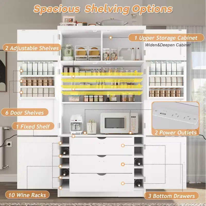 Mueble Despensa Alto de Cocina con Enchufes, Armario Grande Independiente con Soporte para Microondas, Cajones, Estantes, Botelleros y Estante en la Puerta