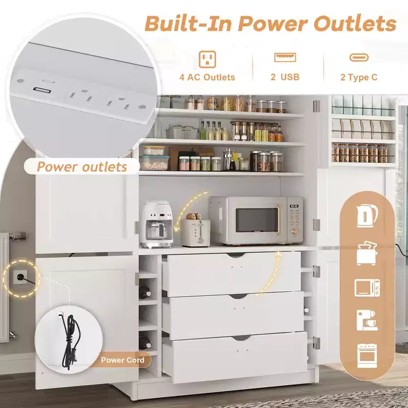 Mueble Despensa Alto de Cocina con Enchufes, Armario Grande Independiente con Soporte para Microondas, Cajones, Estantes, Botelleros y Estante en la Puerta