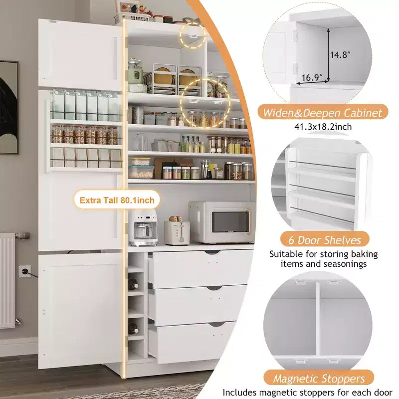 Mueble Despensa Alto de Cocina con Enchufes, Armario Grande Independiente con Soporte para Microondas, Cajones, Estantes, Botelleros y Estante en la Puerta
