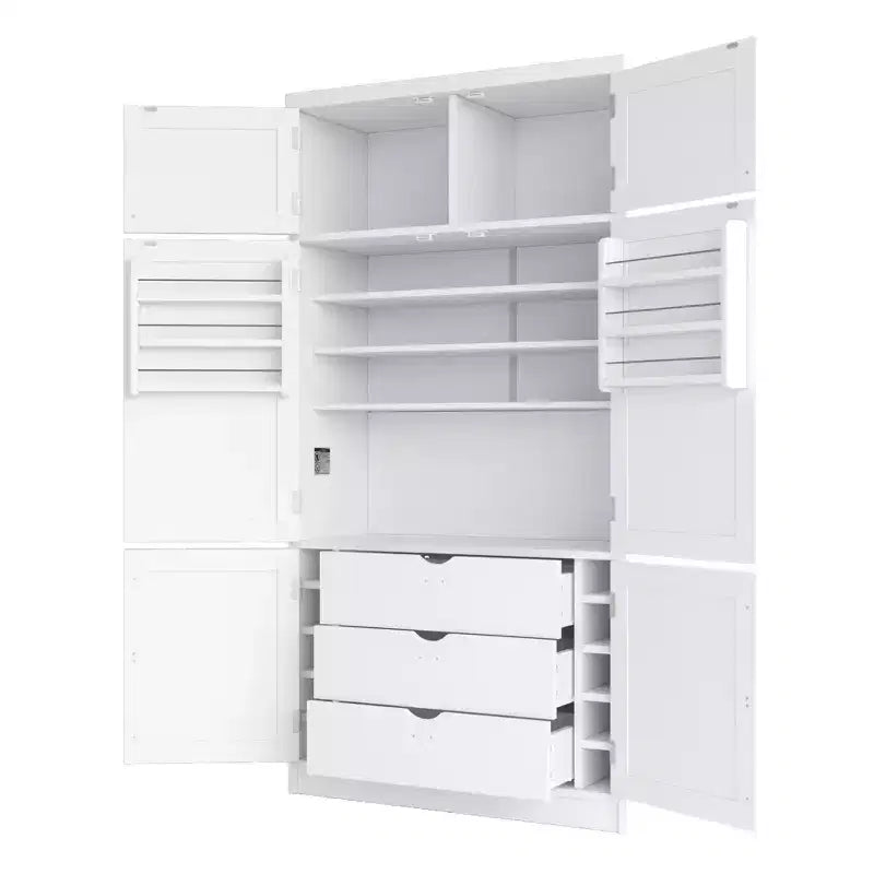 Mueble Despensa Alto de Cocina con Enchufes, Armario Grande Independiente con Soporte para Microondas, Cajones, Estantes, Botelleros y Estante en la Puerta