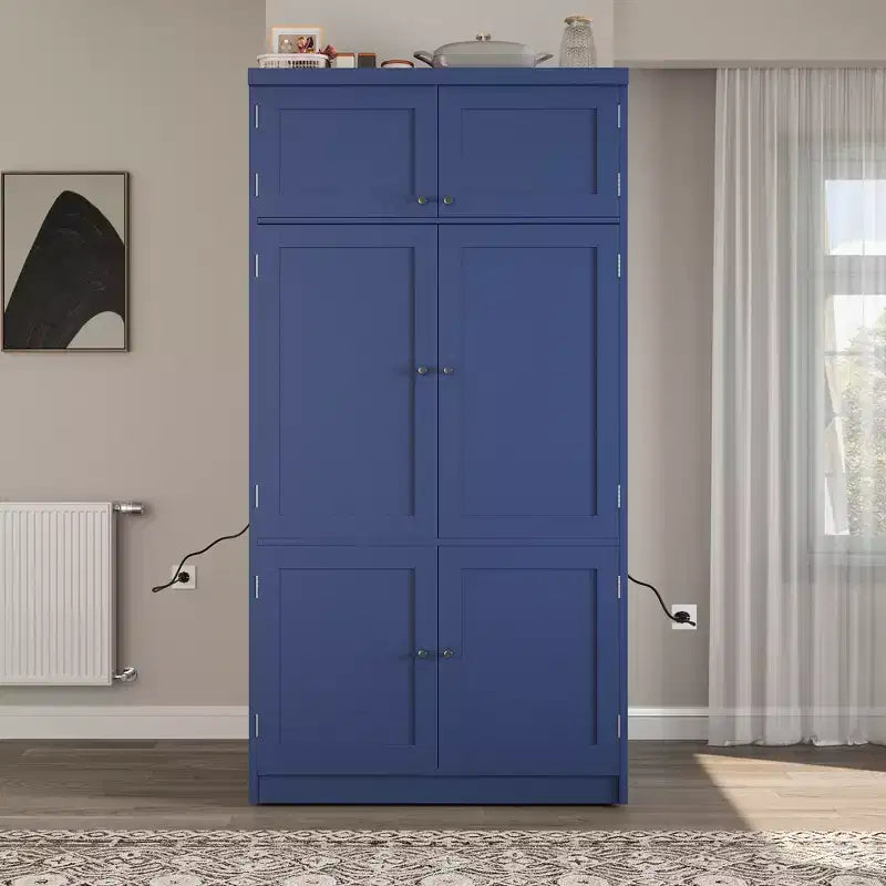 Mueble Despensa Alto de Cocina con Enchufes, Armario Grande Independiente con Soporte para Microondas, Cajones, Estantes, Botelleros y Estante en la Puerta
