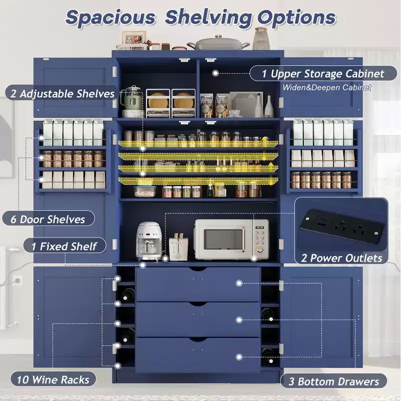 Mueble Despensa Alto de Cocina con Enchufes, Armario Grande Independiente con Soporte para Microondas, Cajones, Estantes, Botelleros y Estante en la Puerta