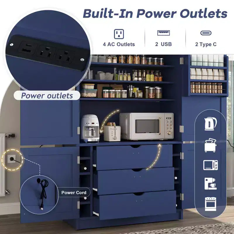 Mueble Despensa Alto de Cocina con Enchufes, Armario Grande Independiente con Soporte para Microondas, Cajones, Estantes, Botelleros y Estante en la Puerta