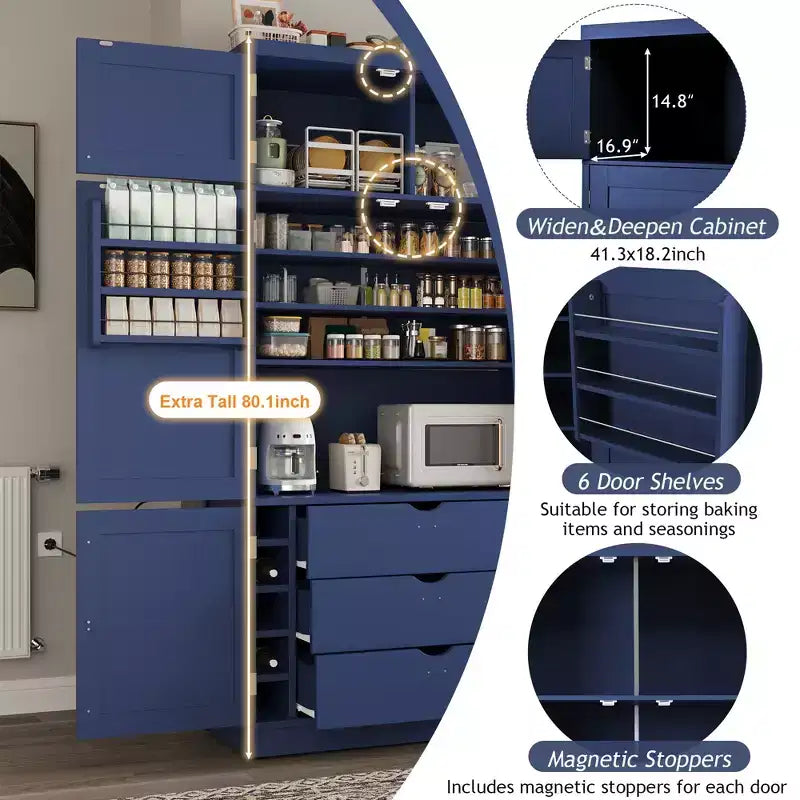 Mueble Despensa Alto de Cocina con Enchufes, Armario Grande Independiente con Soporte para Microondas, Cajones, Estantes, Botelleros y Estante en la Puerta
