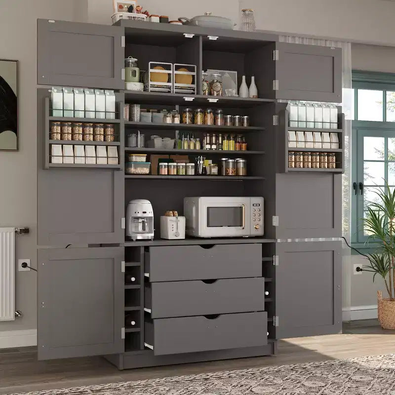 Mueble Despensa Alto de Cocina con Enchufes, Armario Grande Independiente con Soporte para Microondas, Cajones, Estantes, Botelleros y Estante en la Puerta