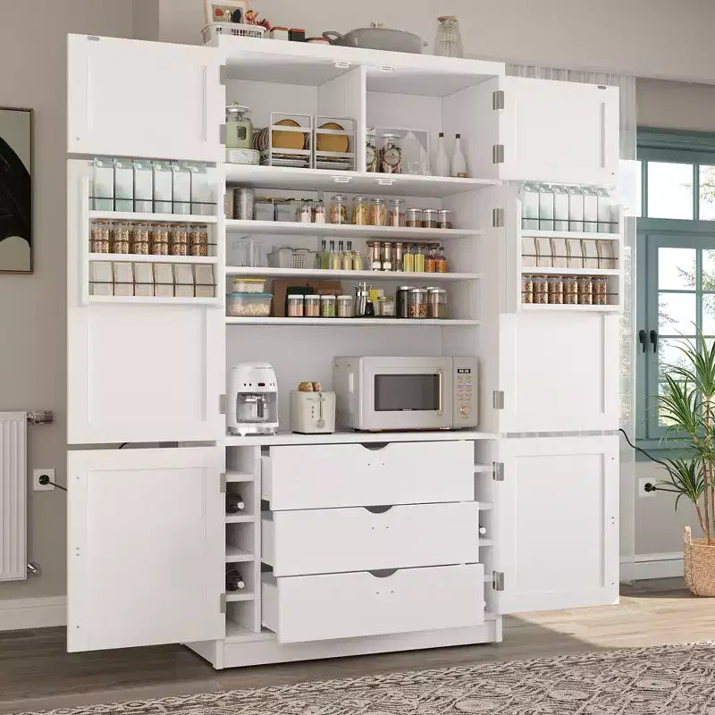 Mueble Despensa Alto de Cocina con Enchufes, Armario Grande Independiente con Soporte para Microondas, Cajones, Estantes, Botelleros y Estante en la Puerta