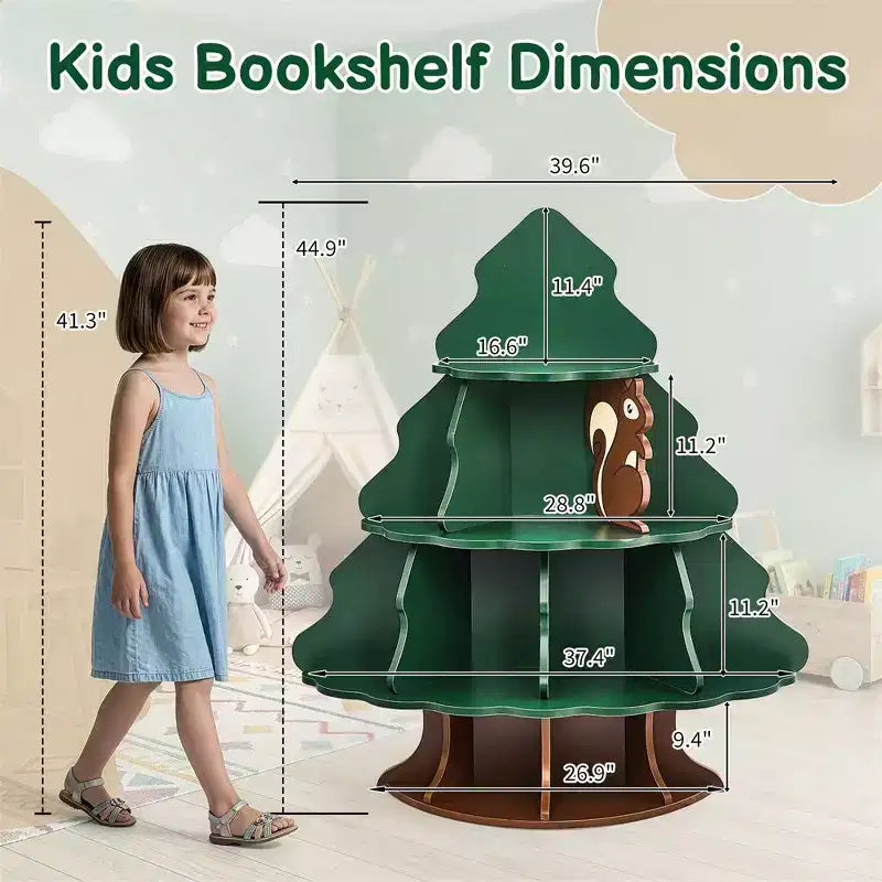 Étagère à livres pour enfants à 4 niveaux et 12 compartiments, motif sapin de Noël et écureuil, MDF