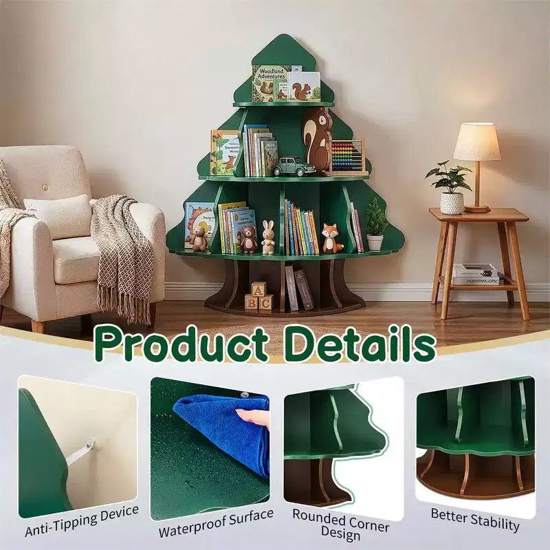 Étagère à livres pour enfants à 4 niveaux et 12 compartiments, motif sapin de Noël et écureuil, MDF