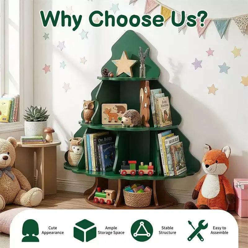 Étagère à livres pour enfants à 4 niveaux et 12 compartiments, motif sapin de Noël et écureuil, MDF