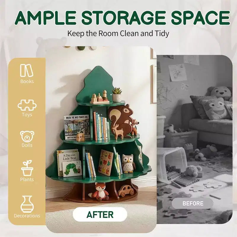 Étagère à livres pour enfants à 4 niveaux et 12 compartiments, motif sapin de Noël et écureuil, MDF