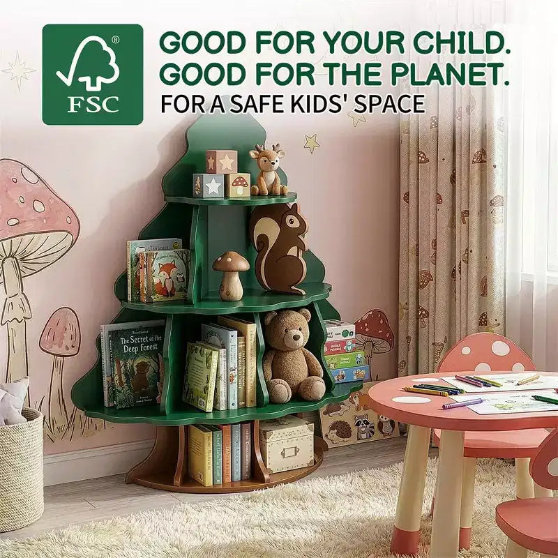 Étagère à livres pour enfants à 4 niveaux et 12 compartiments, motif sapin de Noël et écureuil, MDF