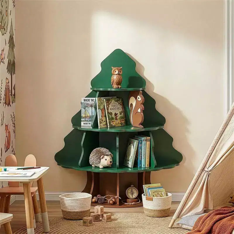 Étagère à livres pour enfants à 4 niveaux et 12 compartiments, motif sapin de Noël et écureuil, MDF