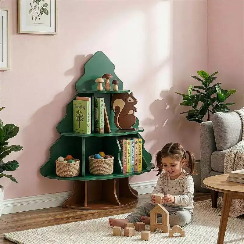 Étagère à livres pour enfants à 4 niveaux et 12 compartiments, motif sapin de Noël et écureuil, MDF
