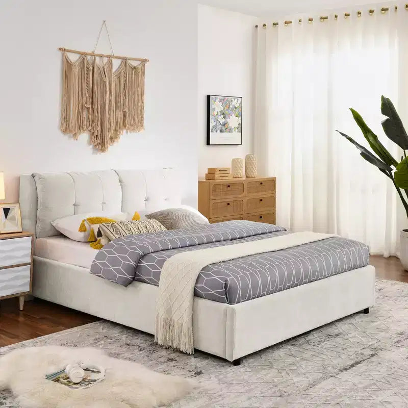 Base de cama de plataforma Queen/King, tapizada en chenilla con cabecero suave