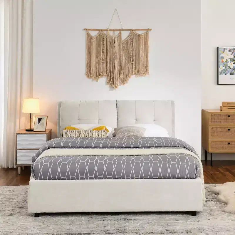 Base de cama de plataforma Queen/King, tapizada en chenilla con cabecero suave