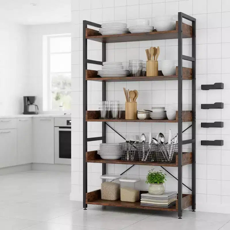 Estantería de Almacenamiento de 5 Niveles con Ganchos, Estantes Abiertos, Vetas de Madera Rústica, Patas Ajustables, Marrón+Negro