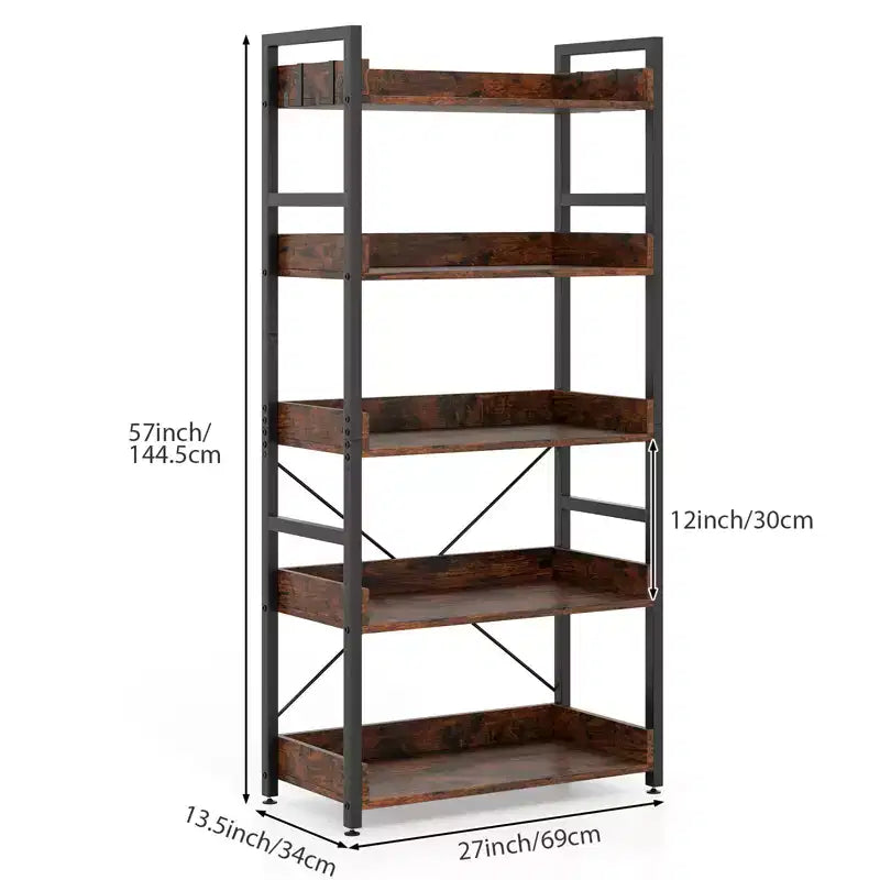 Estantería de Almacenamiento de 5 Niveles con Ganchos, Estantes Abiertos, Vetas de Madera Rústica, Patas Ajustables, Marrón+Negro