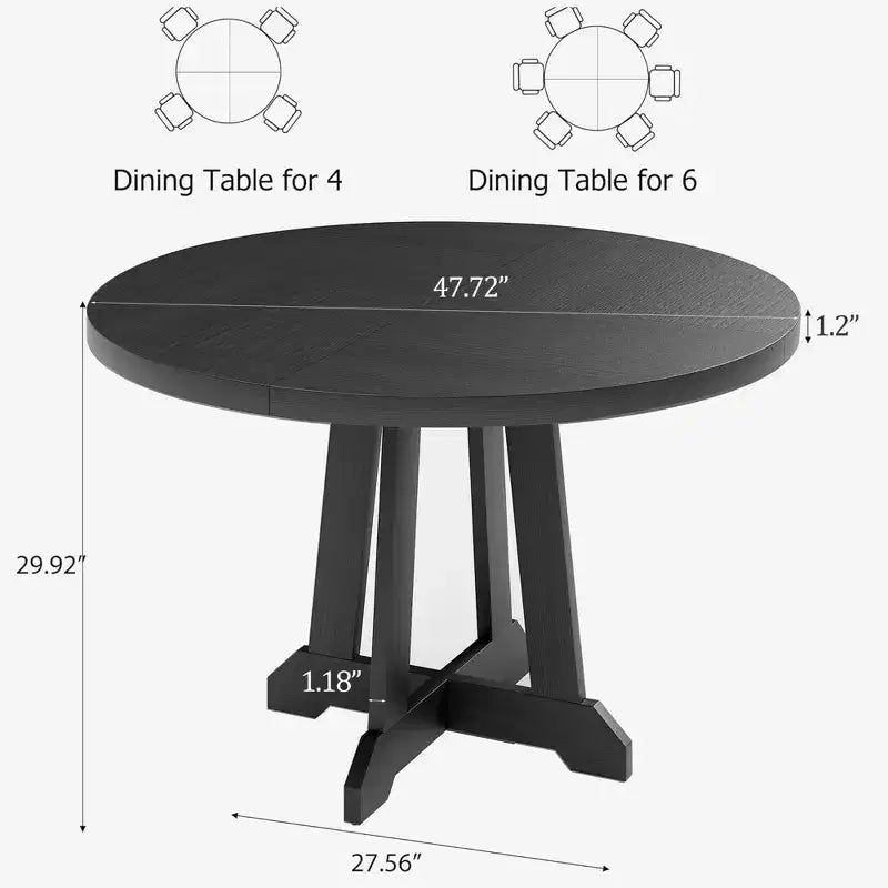 Mesa de comedor redonda de 47.2" para 4-6 personas, mesa de cocina de madera negra con base de pedestal y patas ajustables
