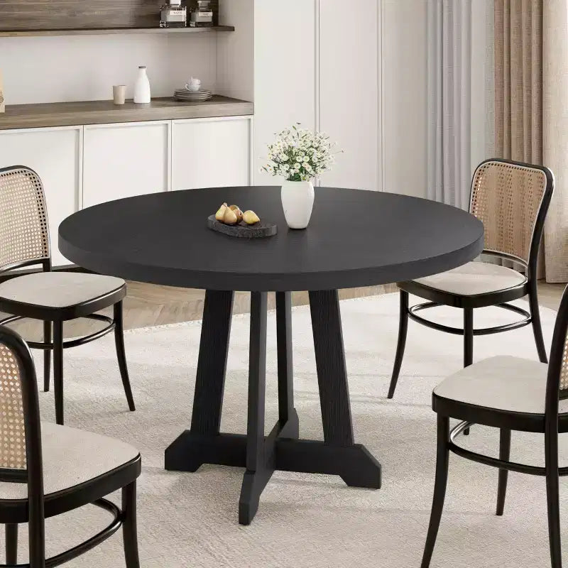 Mesa de comedor redonda de 47.2" para 4-6 personas, mesa de cocina de madera negra con base de pedestal y patas ajustables
