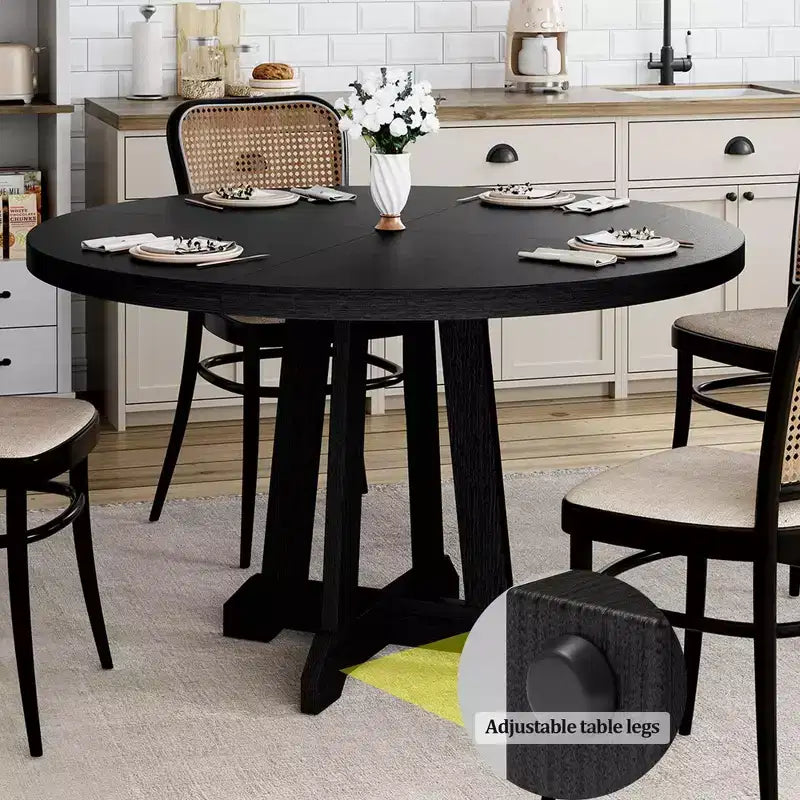 Mesa de comedor redonda de 47.2" para 4-6 personas, mesa de cocina de madera negra con base de pedestal y patas ajustables