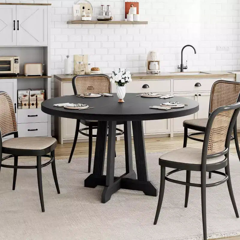Mesa de comedor redonda de 47.2" para 4-6 personas, mesa de cocina de madera negra con base de pedestal y patas ajustables