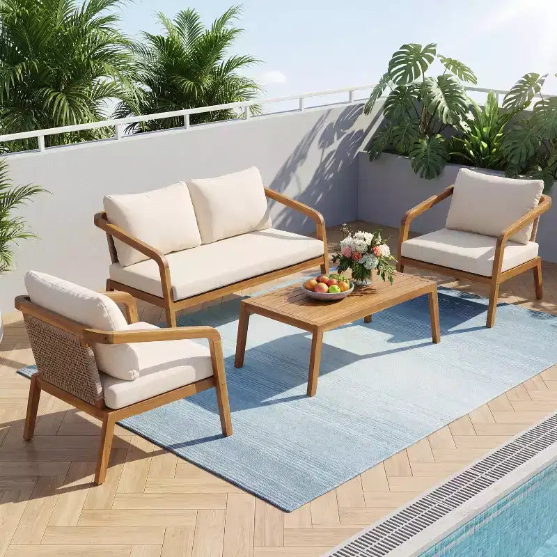 Christopher Knight Home Paula Patio Modern Acacia Wood and PE Wicker 4-Piece Conversation Set with Cushions