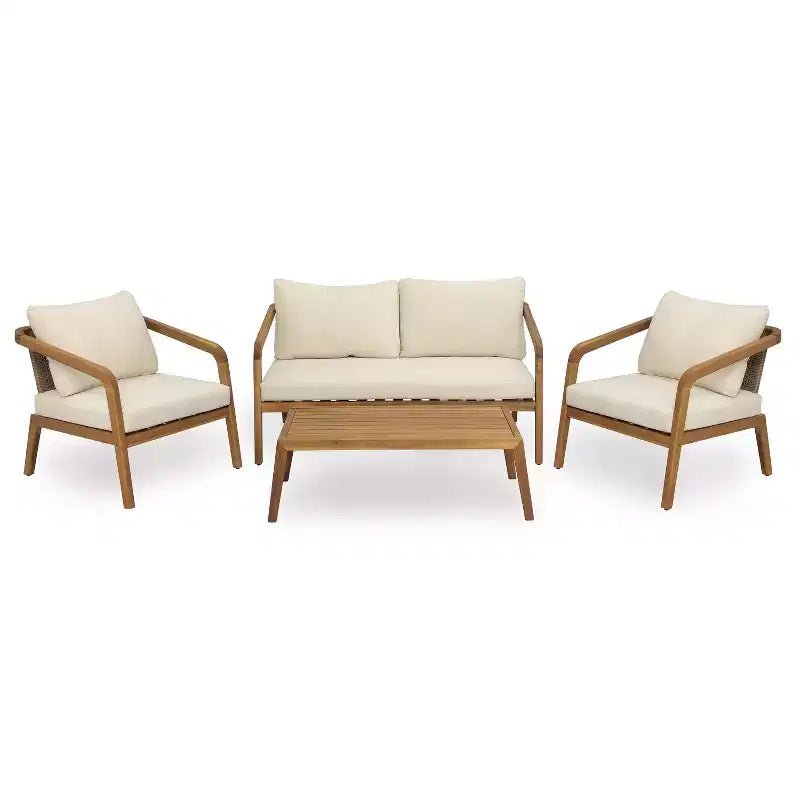 Christopher Knight Home Paula Juego de conversación moderno de 4 piezas con cojines para patio de madera de acacia y mimbre PE