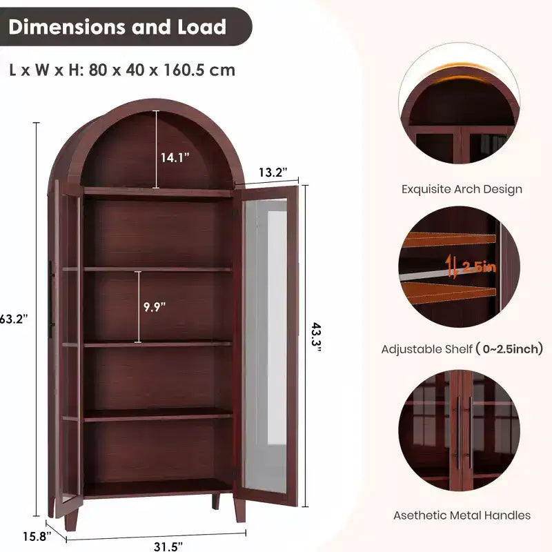 Armario alto con arcos y puertas de cristal, estantería expositora de 5 niveles con estantes ajustables para cocina o sala de estar