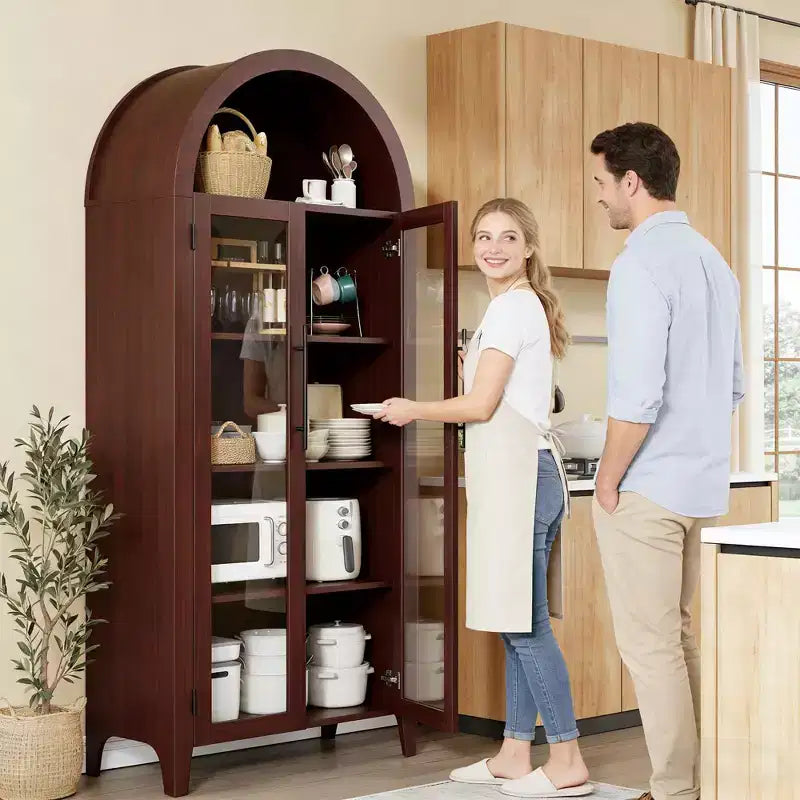 Armario alto con arcos y puertas de cristal, estantería expositora de 5 niveles con estantes ajustables para cocina o sala de estar