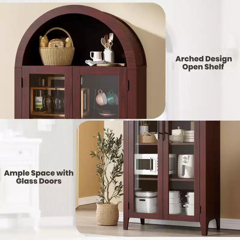 Armario alto con arcos y puertas de cristal, estantería expositora de 5 niveles con estantes ajustables para cocina o sala de estar