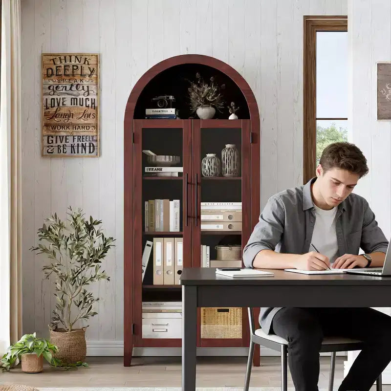 Armario alto con arcos y puertas de cristal, estantería expositora de 5 niveles con estantes ajustables para cocina o sala de estar