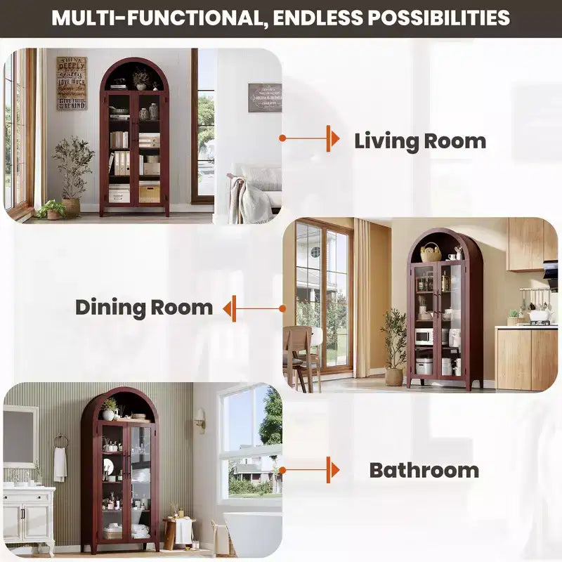 Armario alto con arcos y puertas de cristal, estantería expositora de 5 niveles con estantes ajustables para cocina o sala de estar