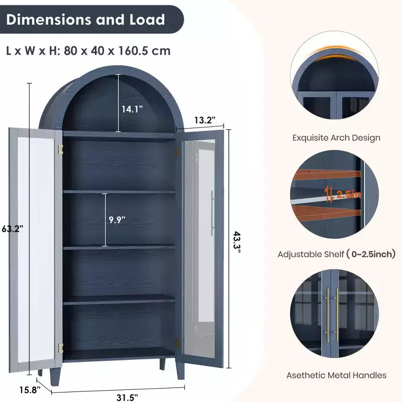 Armario alto con arcos y puertas de cristal, estantería expositora de 5 niveles con estantes ajustables para cocina o sala de estar