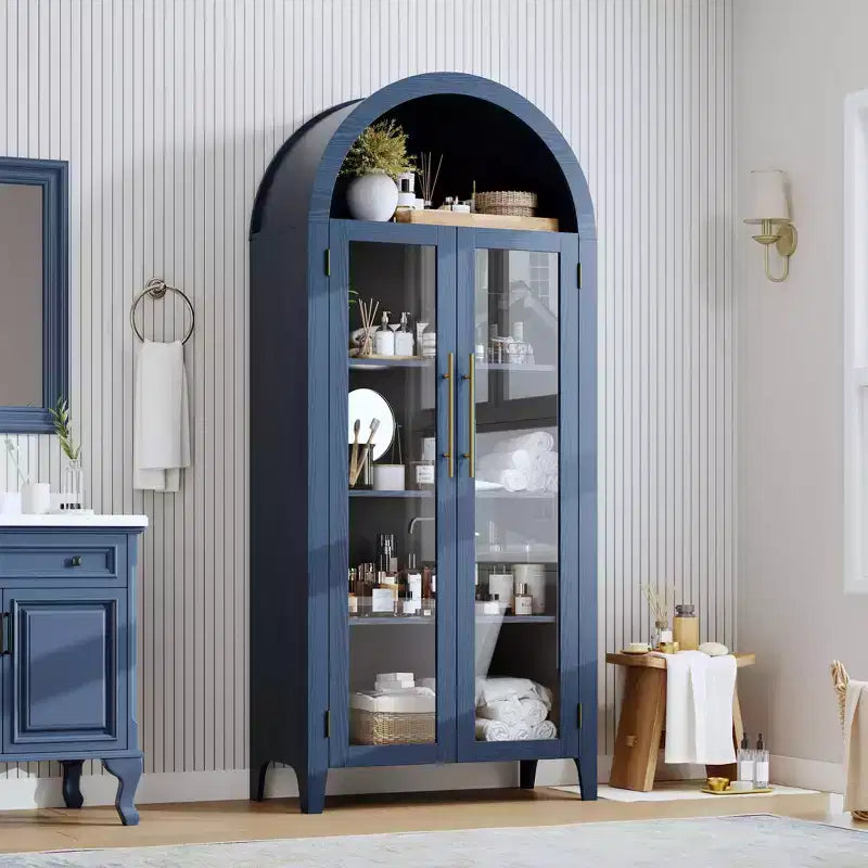Armario alto con arcos y puertas de cristal, estantería expositora de 5 niveles con estantes ajustables para cocina o sala de estar