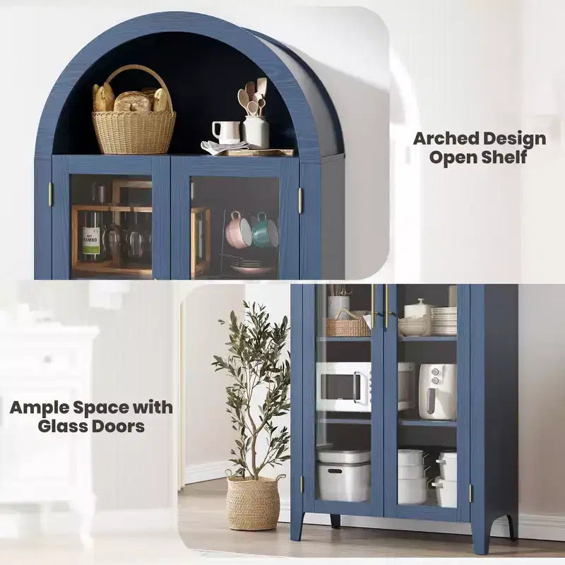 Armario alto con arcos y puertas de cristal, estantería expositora de 5 niveles con estantes ajustables para cocina o sala de estar