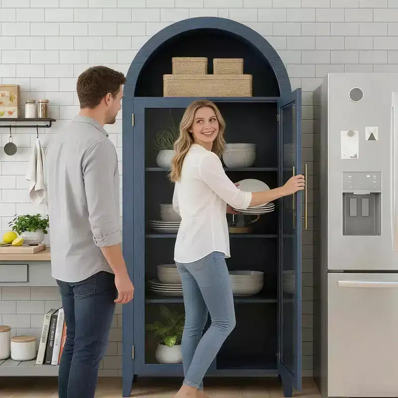 Armario alto con arcos y puertas de cristal, estantería expositora de 5 niveles con estantes ajustables para cocina o sala de estar
