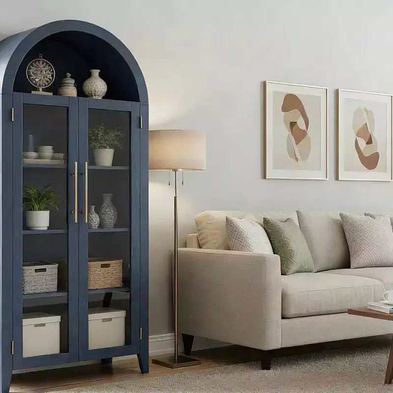 Armario alto con arcos y puertas de cristal, estantería expositora de 5 niveles con estantes ajustables para cocina o sala de estar