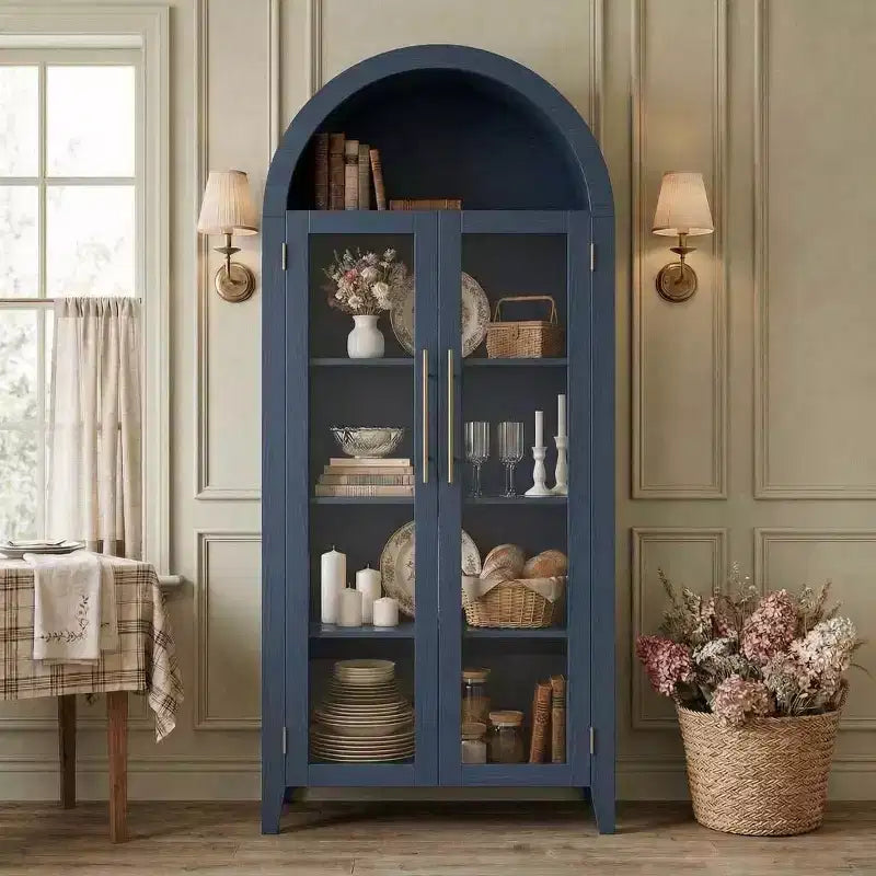 Armario alto con arcos y puertas de cristal, estantería expositora de 5 niveles con estantes ajustables para cocina o sala de estar
