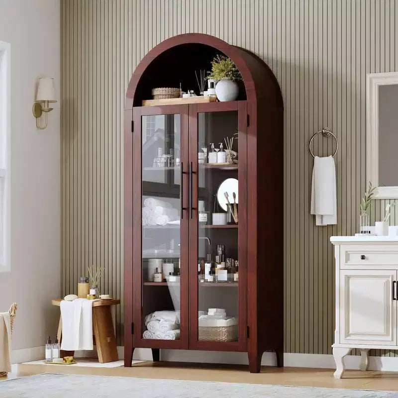 Armario alto con arcos y puertas de cristal, estantería expositora de 5 niveles con estantes ajustables para cocina o sala de estar