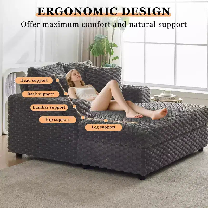 60 Inch Oversized Chaise Lounge Chair Indoor with Cup Holders and USB Ports, Upholstered Sleeper Sofa for Reading - Gray