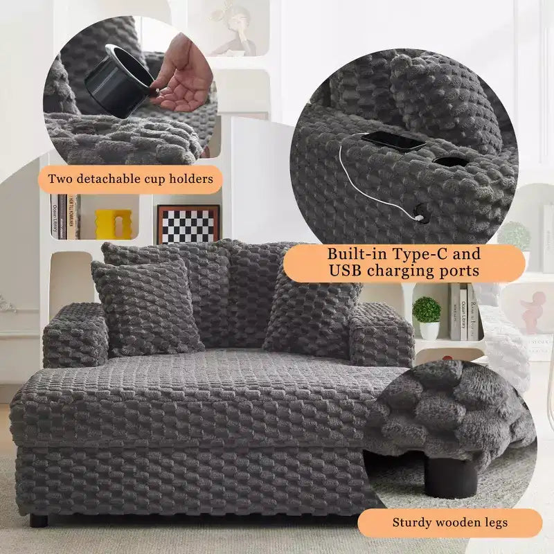 60 Inch Oversized Chaise Lounge Chair Indoor with Cup Holders and USB Ports, Upholstered Sleeper Sofa for Reading - Gray
