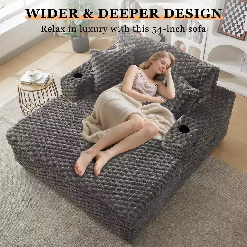 60 Inch Oversized Chaise Lounge Chair Indoor with Cup Holders and USB Ports, Upholstered Sleeper Sofa for Reading - Gray