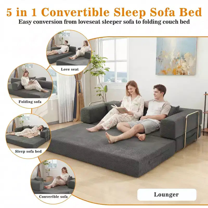 Dyonery 78.8 5-in-1 Convertible Sofa Bed - Folding Modular Corduroy Futon Couch with 2 Pillows No Assembly for Living Room Bedroom