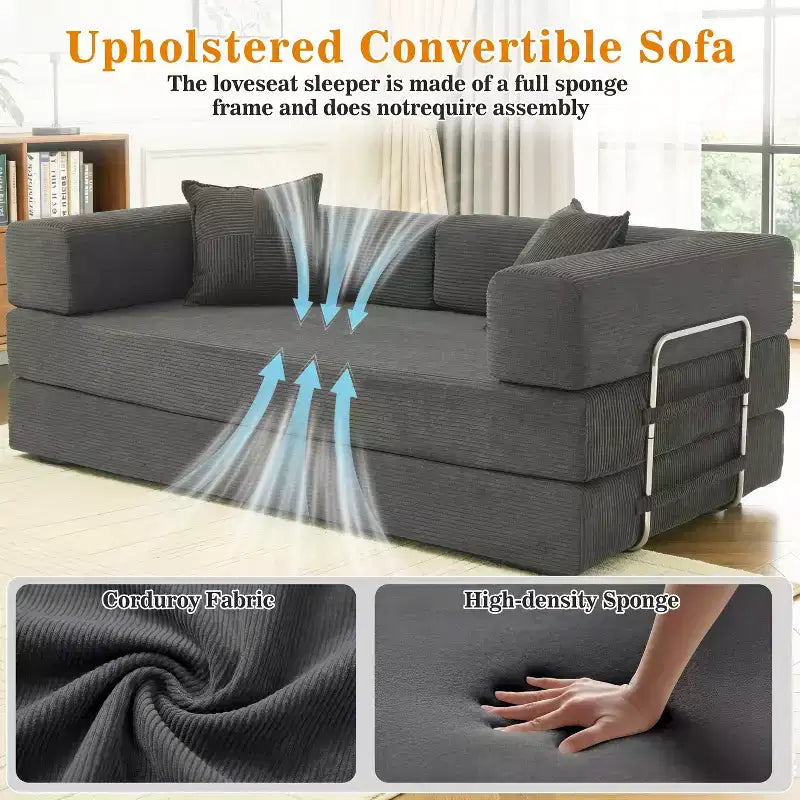 Dyonery 78.8 5-in-1 Convertible Sofa Bed - Folding Modular Corduroy Futon Couch with 2 Pillows No Assembly for Living Room Bedroom