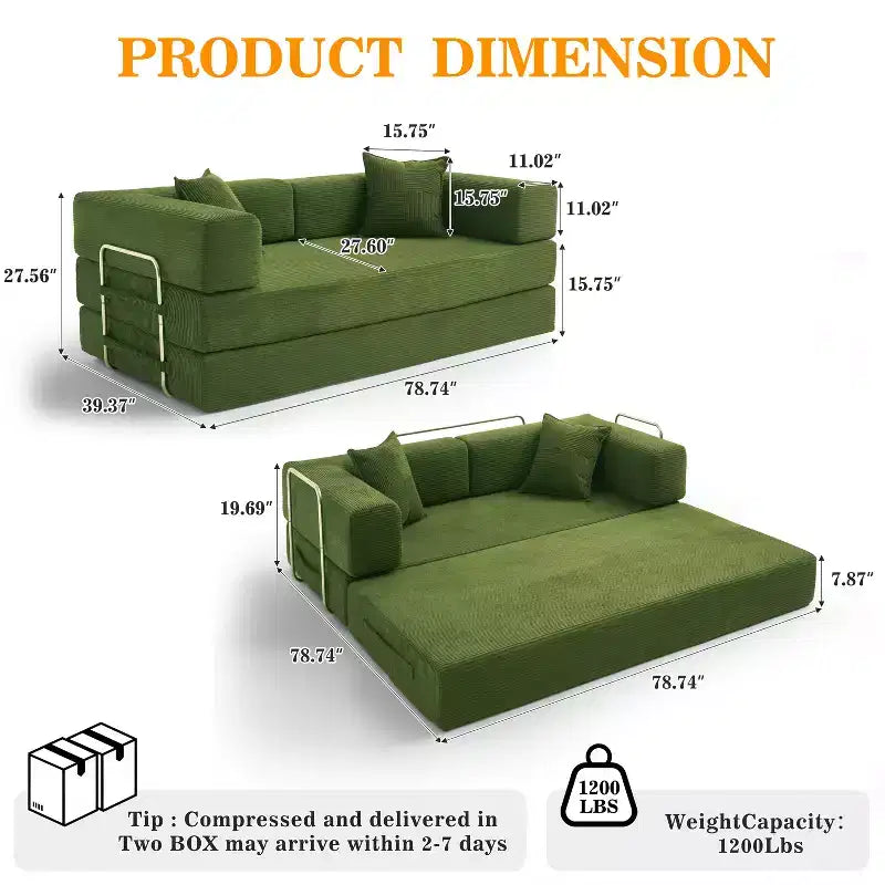 Dyonery 78.8 5-in-1 Convertible Sofa Bed - Folding Modular Corduroy Futon Couch with 2 Pillows No Assembly for Living Room Bedroom