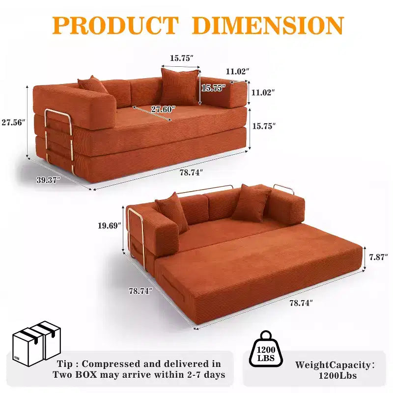 Dyonery 78.8 5-in-1 Convertible Sofa Bed - Folding Modular Corduroy Futon Couch with 2 Pillows No Assembly for Living Room Bedroom