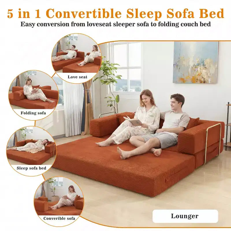 Dyonery 78.8 5-in-1 Convertible Sofa Bed - Folding Modular Corduroy Futon Couch with 2 Pillows No Assembly for Living Room Bedroom